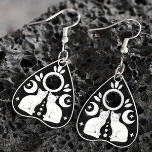#31 Bohemian Gothic Planchette Style Cat Crescent Moon Dangling Drop Earring
